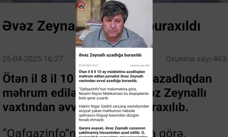 XURAL İNTERNET TELEVİZİYASININ RƏHBƏRİ VƏ JURNALİST ƏVƏZ ZEYNALLI NƏHAYƏT AZADLIĞA BURAXILIBDIR.